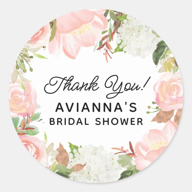 Pink Floral Bridal Shower Thank You Favour Classic Round Sticker (Front)