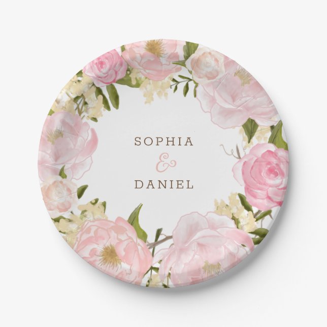 Pink Floral Bridal Shower Wedding Paper Plates (Front)