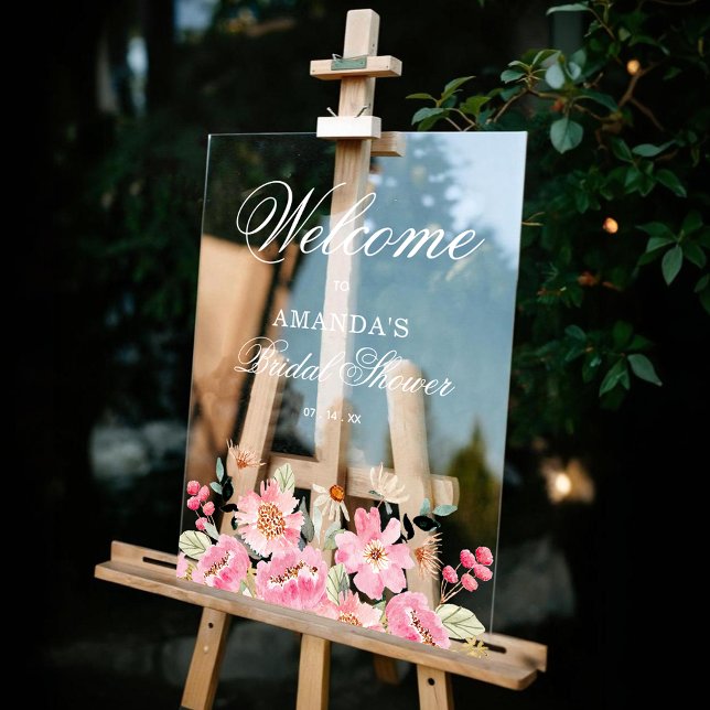 Pink Floral Bridal Shower Welcome Acrylic Sign (Pink floral bridal shower Welcome clear acrylic sign)