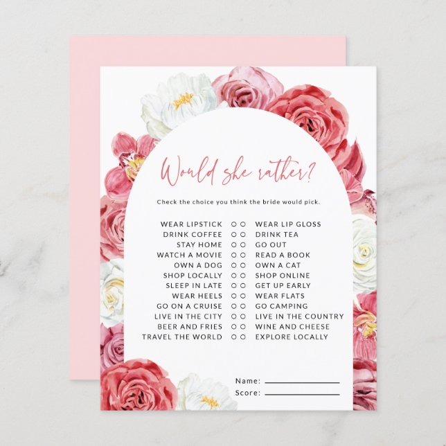 Pink Floral Bridal Shower Would She Rather Game (Front/Back)