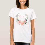 Pink Floral Bride Script Watercolor Wreath T-Shirt<br><div class="desc">A pretty, modern floral bride t-shirt design. The watercolor wreath of pink, peach and eucalyptus greenery features the title "Bride" in the centre, in hand lettered pink script typography. This is part of a collection of Bridal Party tees in this design theme, see our Zazzle store for the rest. Copyright...</div>