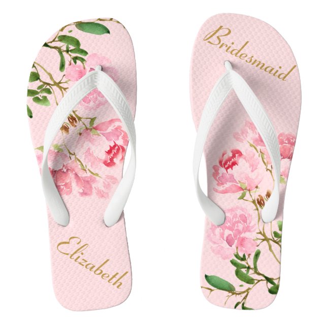 Pink Floral Bridesmaid Personalised Wedding Flip Flops (Footbed)