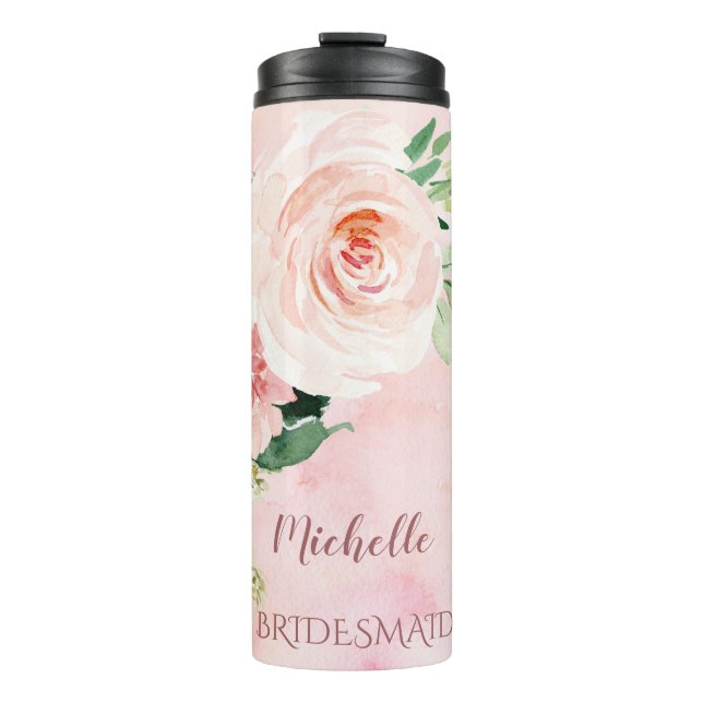 Pink Floral Bridesmaid with Name Thermal Tumbler (Front)