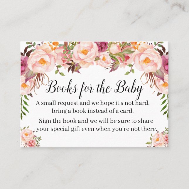 Pink floral Bring a book baby shower insert card (Front)
