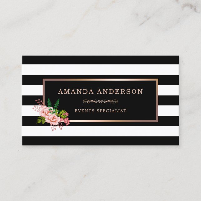 Pink Floral Bronze Frame on Stripes Business Card (Front)