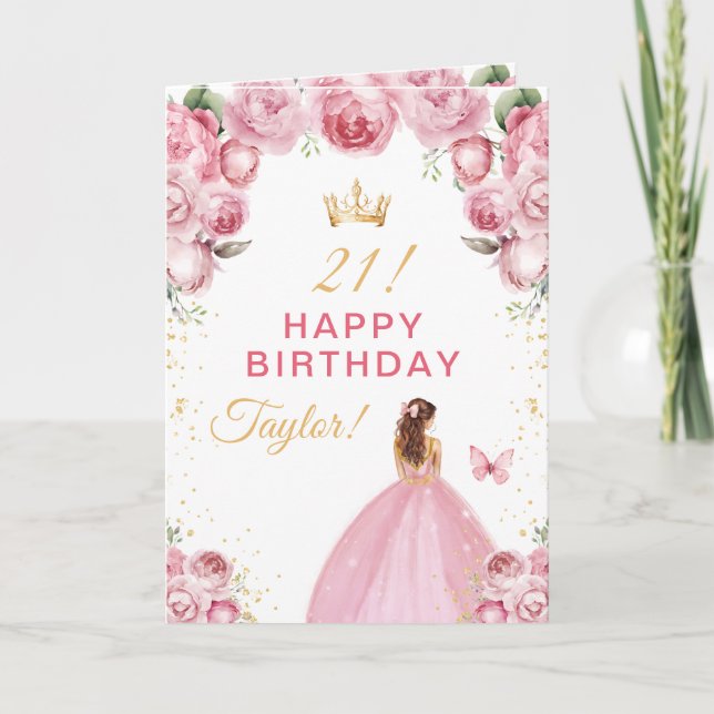 Pink Floral Brown Hair Girl Happy Birthday Card (Front)