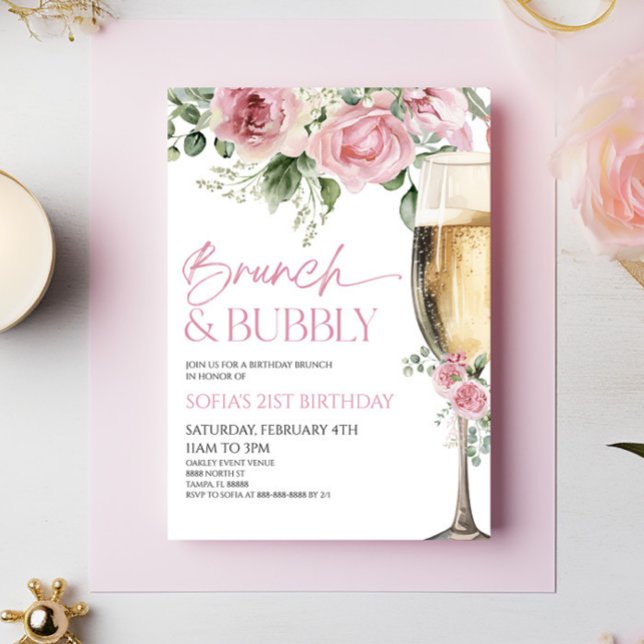Pink Floral Brunch and Bubbly Birthday Brunch Invitation (Creator Uploaded)