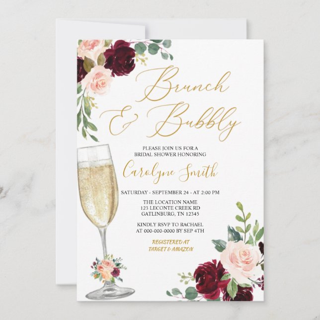 Pink Floral Brunch And Bubbly Bridal Shower Invitation (Front)
