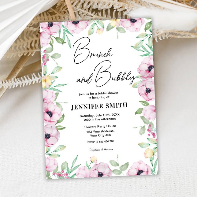 Pink Floral Brunch and Bubbly Bridal Shower Invitation (Creator Uploaded)