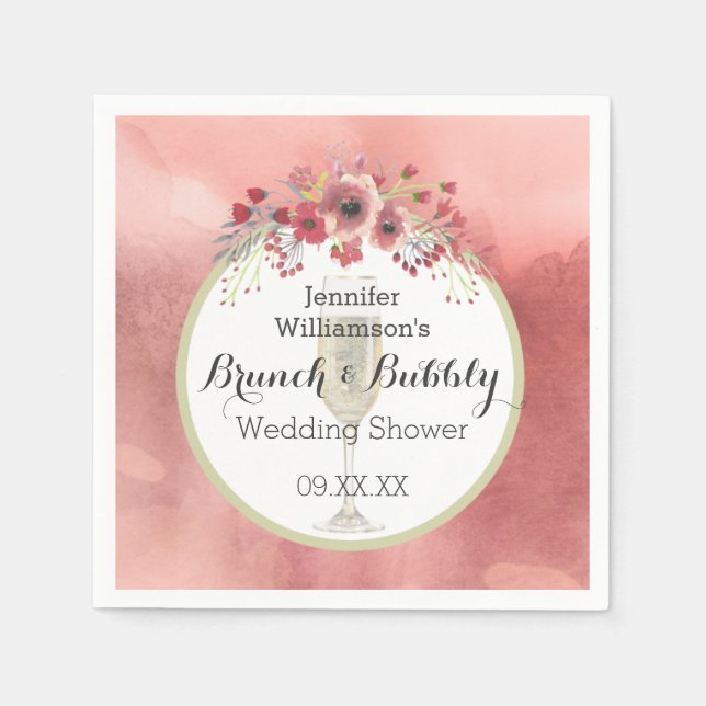 Pink Floral Brunch and Bubbly Wedding Shower Napkin (Front)
