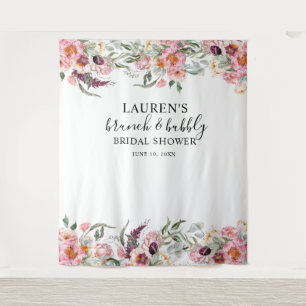 Pink Floral Brunch & Bubbly Bridal  Photo Backdrop Tapestry