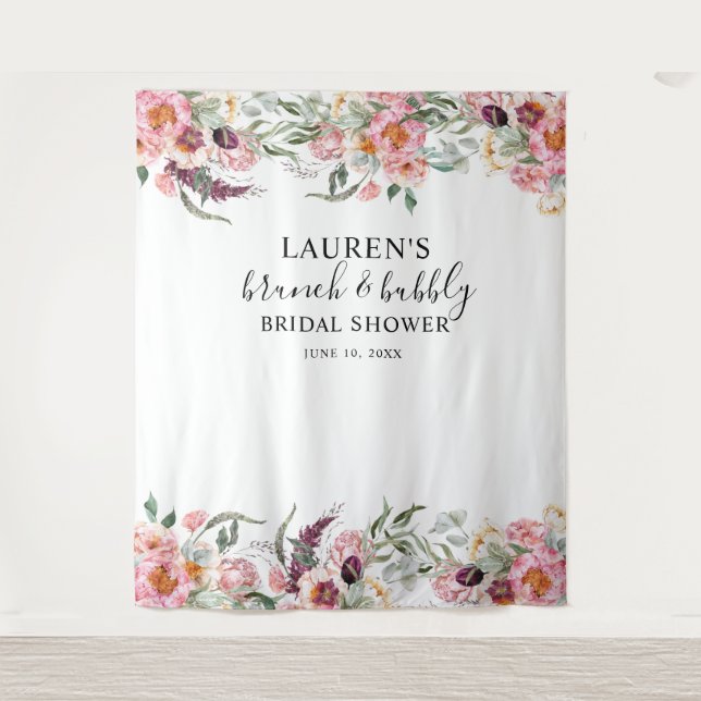 Pink Floral Brunch & Bubbly Bridal  Photo Backdrop Tapestry (Front)