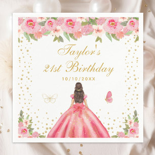 Pink Floral Brunette Hair Girl Birthday Party Napkin