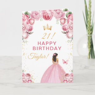 Pink Floral Brunette Hair Girl Happy Birthday Card