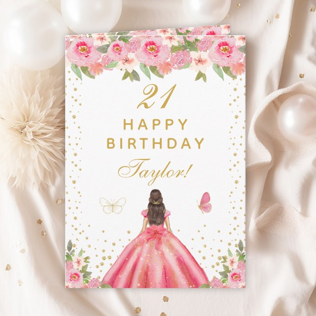Pink Floral Brunette Hair Girl Happy Birthday Card (Creator Uploaded)