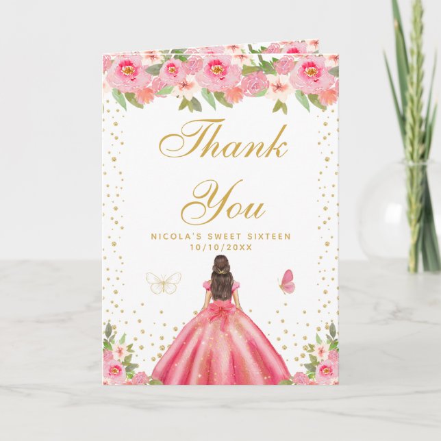 Pink Floral Brunette Hair Girl Sweet Sixteen Thank You Card (Front)
