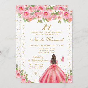 Pink Floral Brunette Hair Princess Birthday Party Invitation