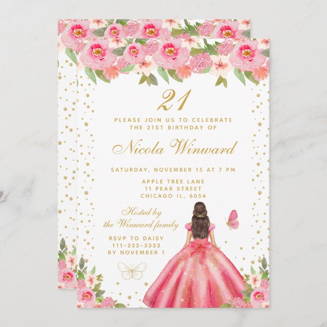 Pink Floral Brunette Hair Princess Birthday Party Invitation (Front/Back)
