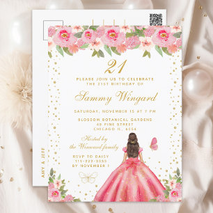 Pink Floral Brunette Hair Princess Birthday Party Postcard