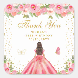 Pink Floral Brunette Hair Princess Birthday Party Square Sticker