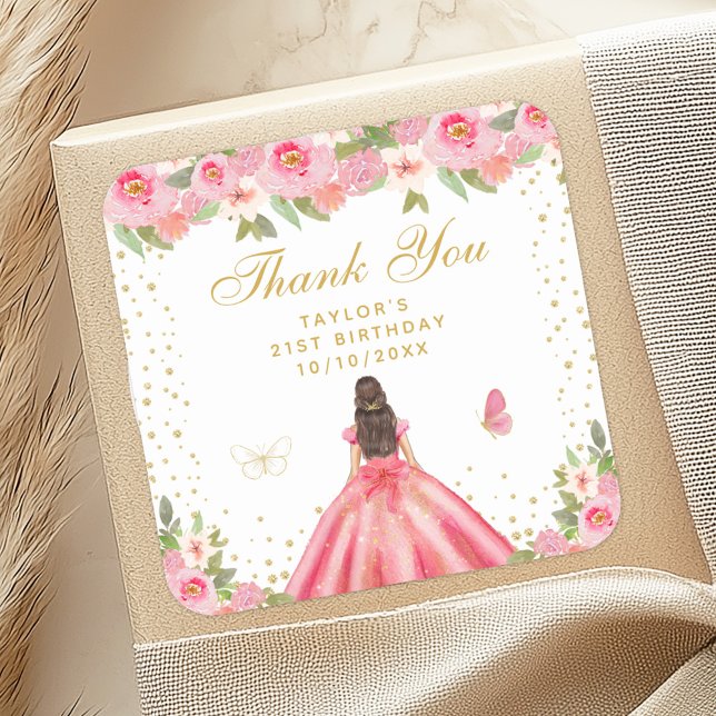 Pink Floral Brunette Hair Princess Birthday Party Square Sticker (Creator Uploaded)