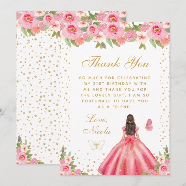 Pink Floral Brunette Hair Princess Birthday Party Thank You Card (Front/Back)