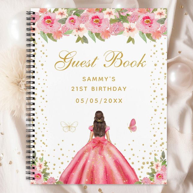 Pink Floral Brunette Hair Princess Guest Book (Creator Uploaded)