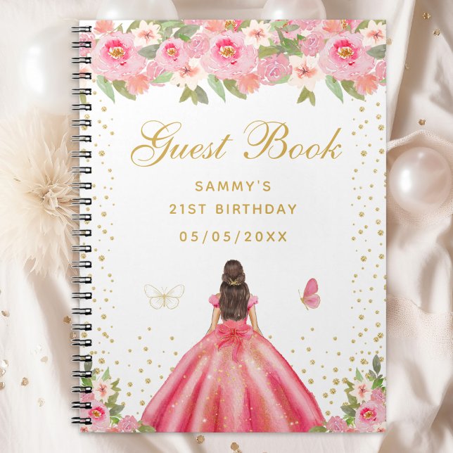 Pink Floral Brunette Hair Princess Guest Book (Creator Uploaded)