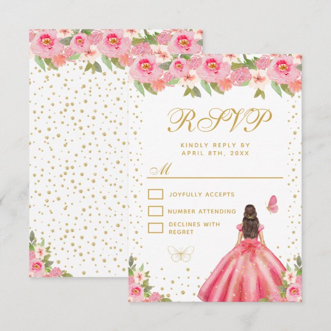 Pink Floral Brunette Hair Princess Sweet Sixteen RSVP Card (Front/Back)