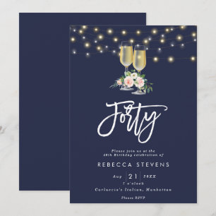 pink floral bubbly navy lights 40th birthday invitation