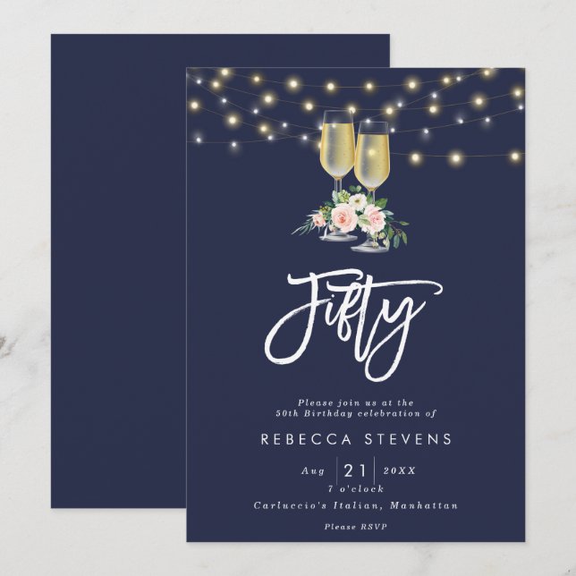 pink floral bubbly navy lights 50th birthday invitation (Front/Back)