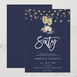 pink floral bubbly navy lights 60th birthday invitation