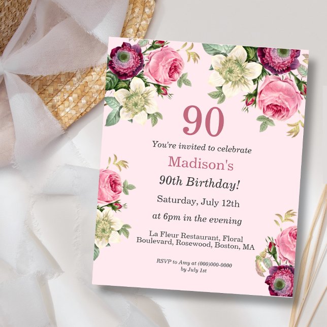 Pink Floral | Budget 90th Birthday Invitation (Creator Uploaded)