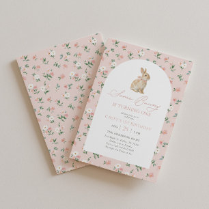 Pink Floral Bunny 1st Birthday Invitation
