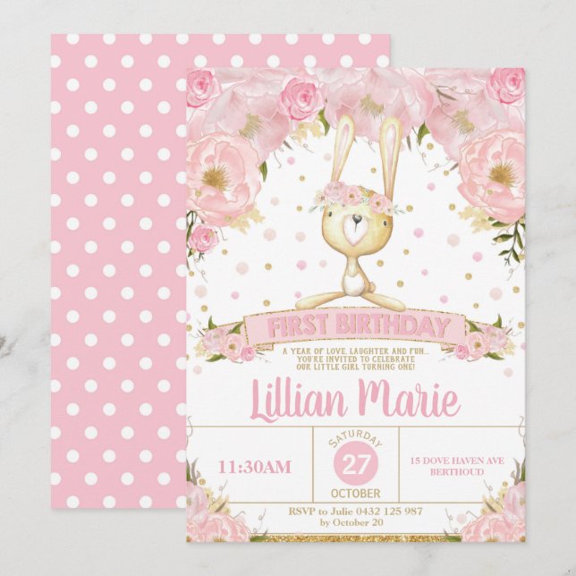 Pink Floral Bunny 1st Birthday Invitation Girl (Front/Back)