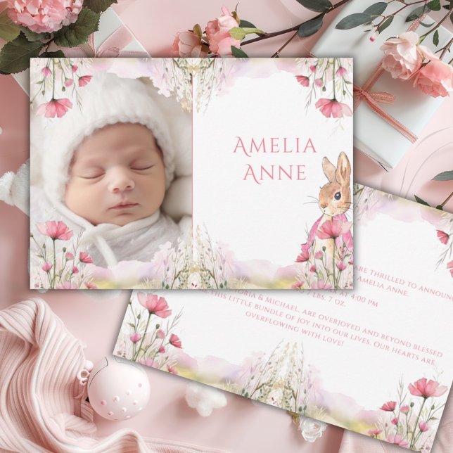 Pink Floral Bunny Baby Girl Birth Announcement (Creator Uploaded)