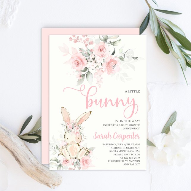 Pink Floral Bunny Baby Shower Girl Invitation (Creator Uploaded)