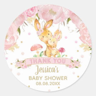 Pink Floral Bunny Baby Shower Girl Thank You Classic Round Sticker
