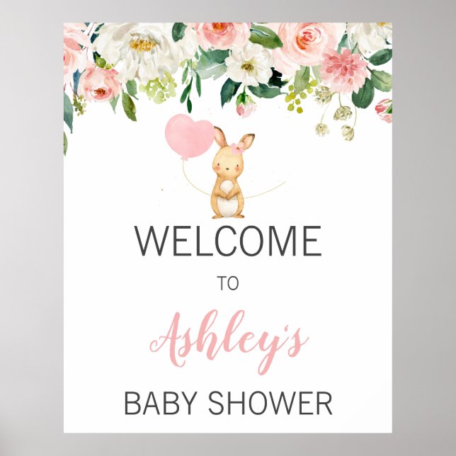 Pink Floral Bunny Baby Shower Welcome Sign (Front)