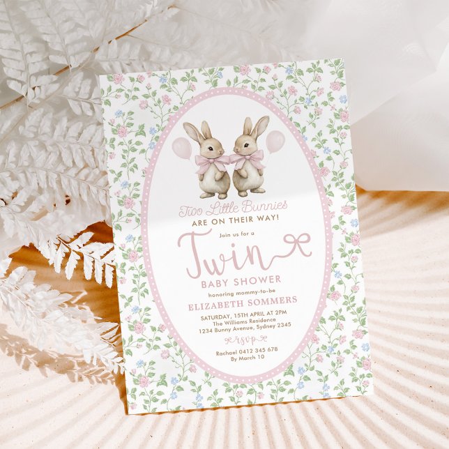 Pink Floral Bunny Balloon Twin Girl Baby Shower Invitation (Creator Uploaded)