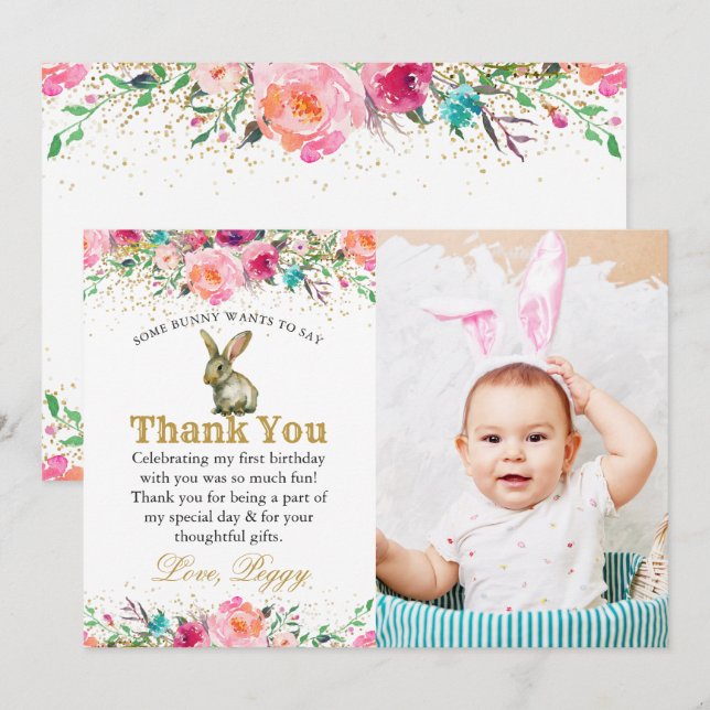 Pink Floral Bunny Birthday Photo Thank You Card (Front/Back)