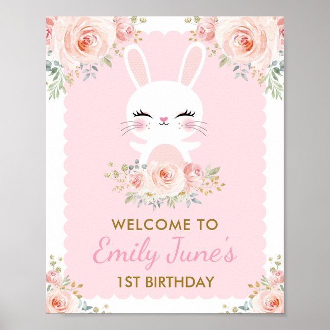 Pink Floral Bunny Cute Rabbit 1st Birthday Party Poster (Front)