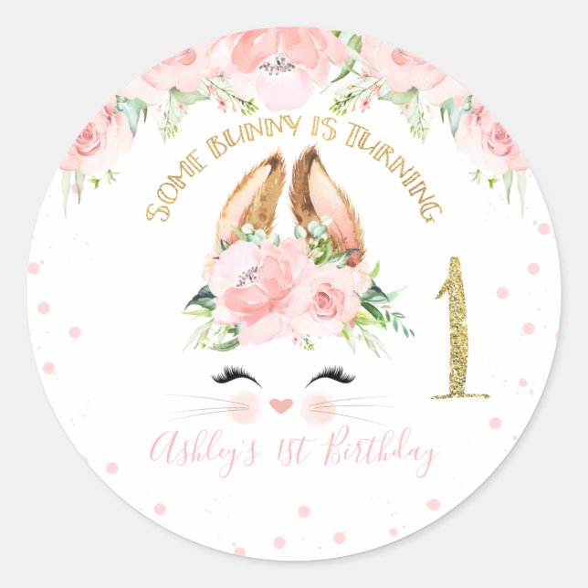 Pink Floral Bunny Face 1st Birthday Classic Round Sticker (Front)