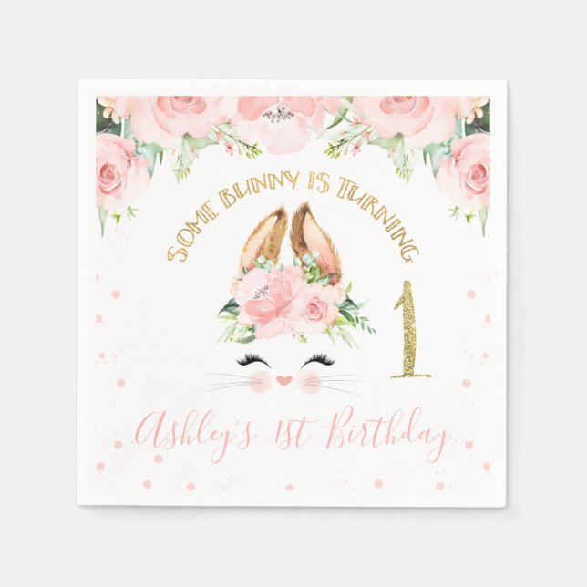 Pink Floral Bunny Face 1st Birthday Paper Napkin (Front)