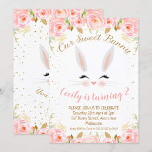 Pink Floral Bunny Face Birthday Invitation