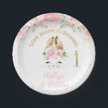 Pink Floral Bunny Face Gold Glitter 1st Birthday Paper Plate<br><div class="desc">Pink Floral Bunny Face Gold Glitter 1st Birthday Paper Plate 

Sweet bunny themed first birthday paper plate featuring a cute bunny face with furry ears,  some pink floral arrangements and a faux gold glitter removable number and ached heading.</div>