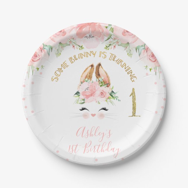 Pink Floral Bunny Face Gold Glitter 1st Birthday Paper Plate (Front)