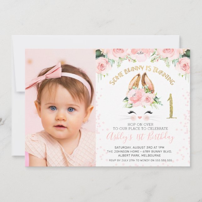 Pink Floral Bunny Face Photo 1st Birthday Invitation (Front)