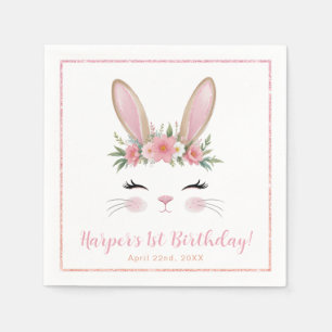 Pink Floral Bunny First Birthday Party Napkins