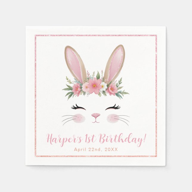 Pink Floral Bunny First Birthday Party Napkins (Front)